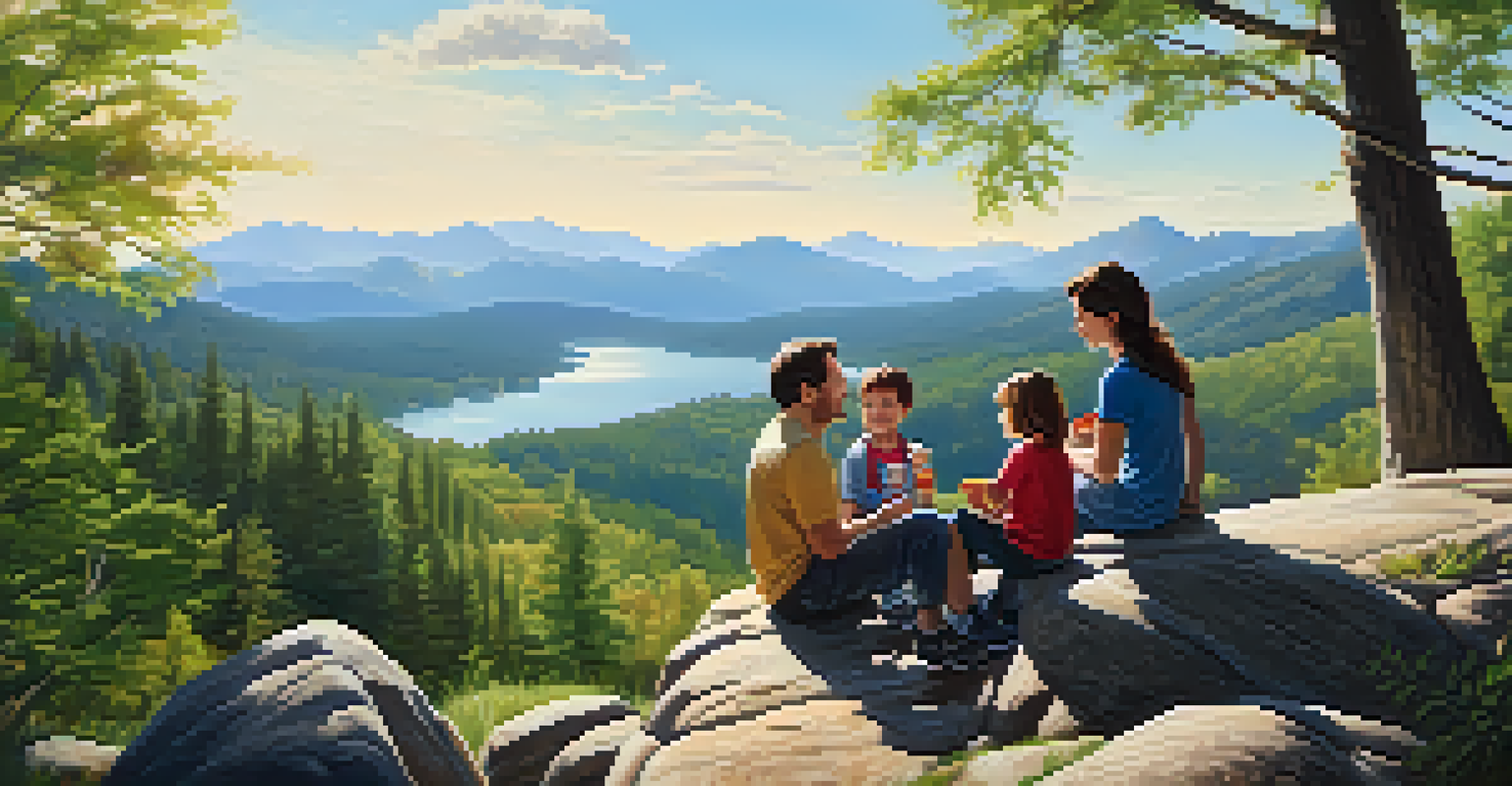 A family resting on a rock during a hike, enjoying snacks with a mountain view behind them.
