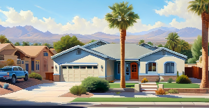 A vibrant suburban neighborhood in Phoenix with different home styles, palm trees, and children playing outside.