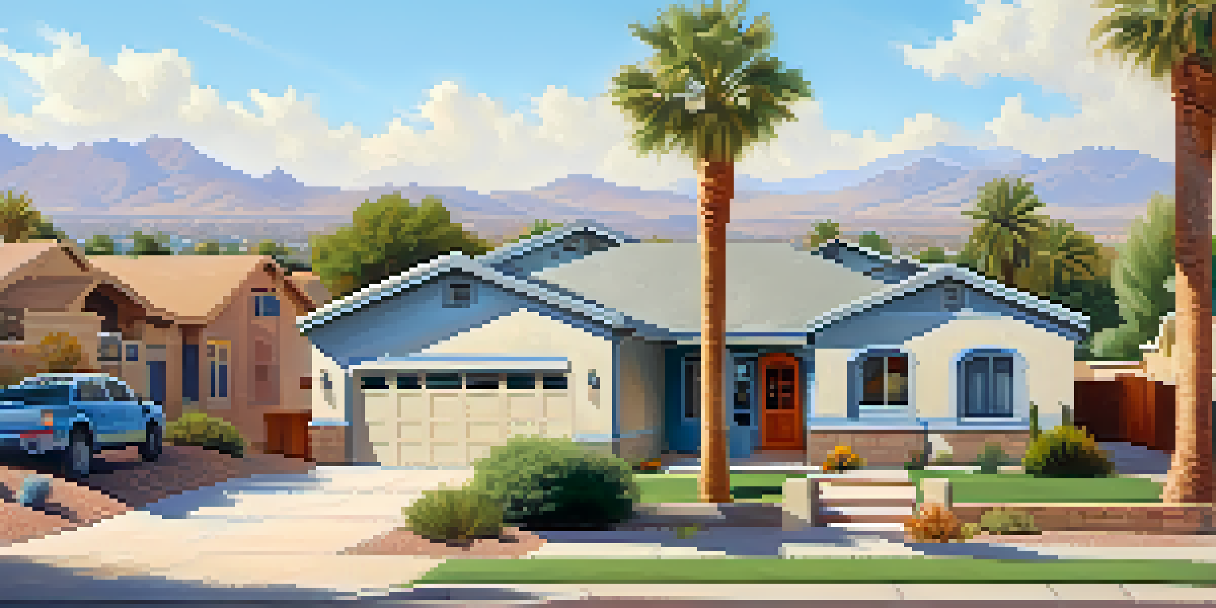 A vibrant suburban neighborhood in Phoenix with different home styles, palm trees, and children playing outside.