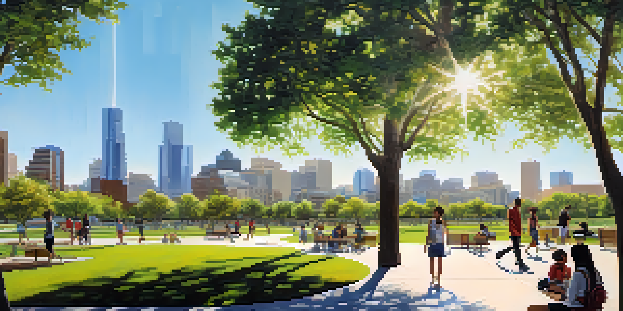 A lively urban park in Phoenix filled with native plants and trees, with people jogging and picnicking under a clear blue sky.