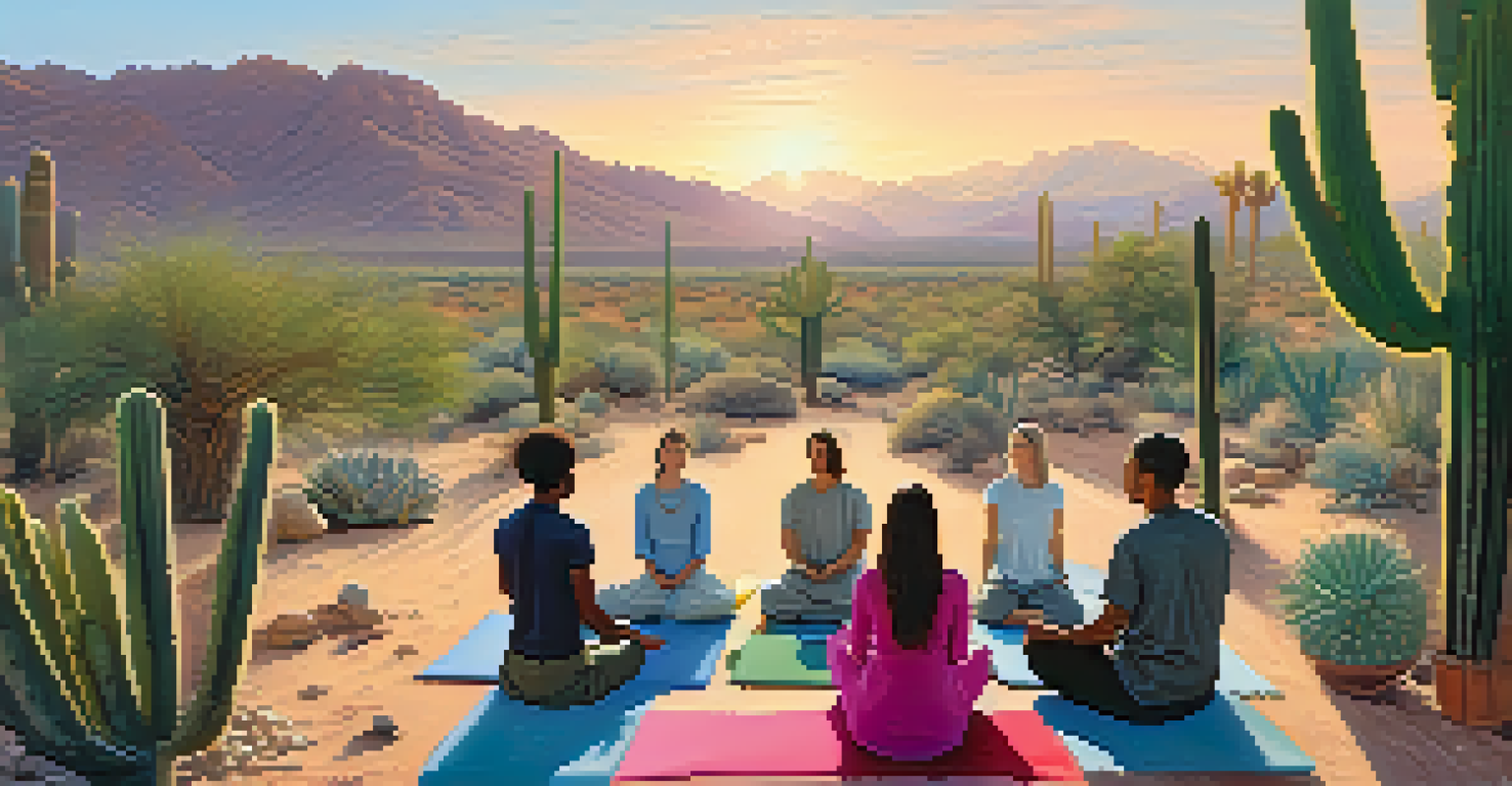 A group of people meditating in a desert landscape during sunrise, surrounded by cacti and mountains.