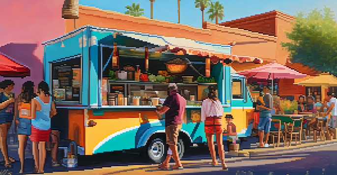 A colorful food truck in Phoenix serving gourmet tacos with customers enjoying their food in a lively street scene during sunset.