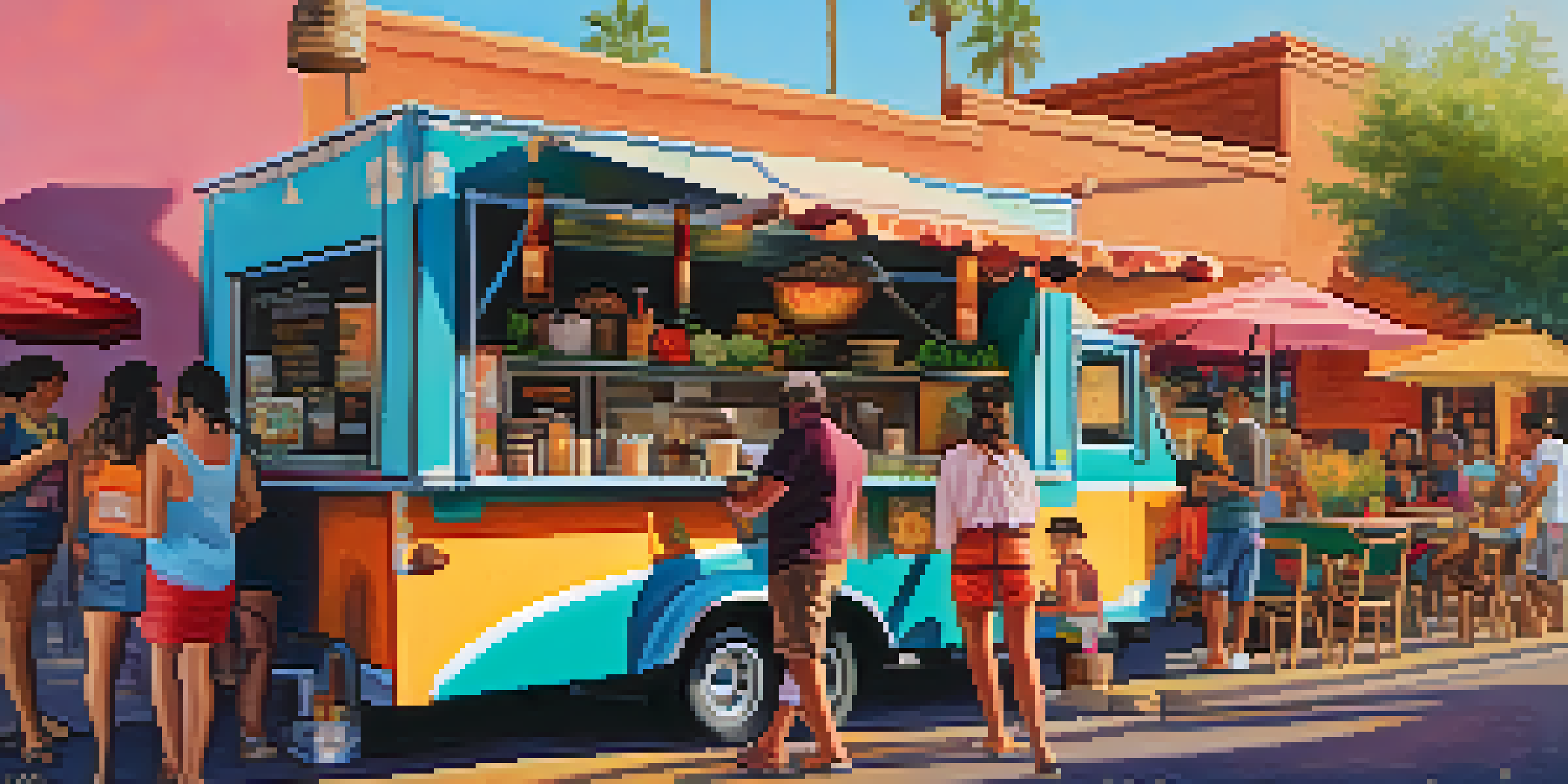 A colorful food truck in Phoenix serving gourmet tacos with customers enjoying their food in a lively street scene during sunset.