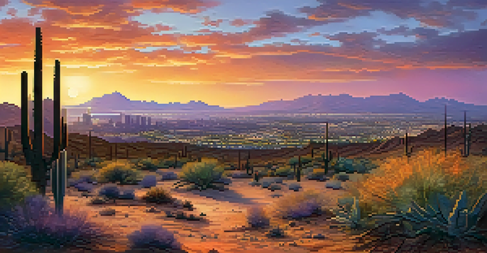 A sunset view of Phoenix with a skyline silhouette against a vibrant sky, featuring a dry desert landscape in the foreground.