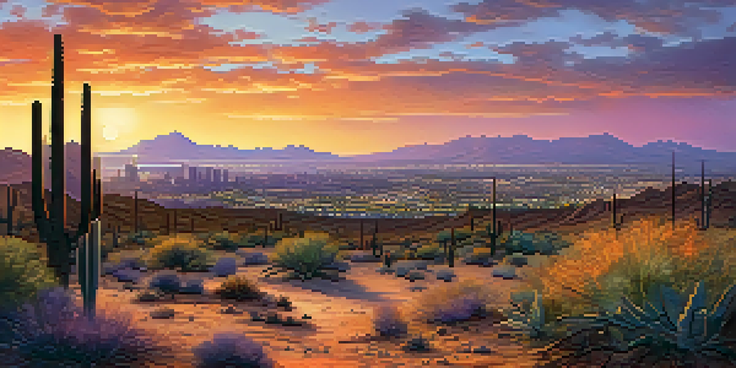 A sunset view of Phoenix with a skyline silhouette against a vibrant sky, featuring a dry desert landscape in the foreground.