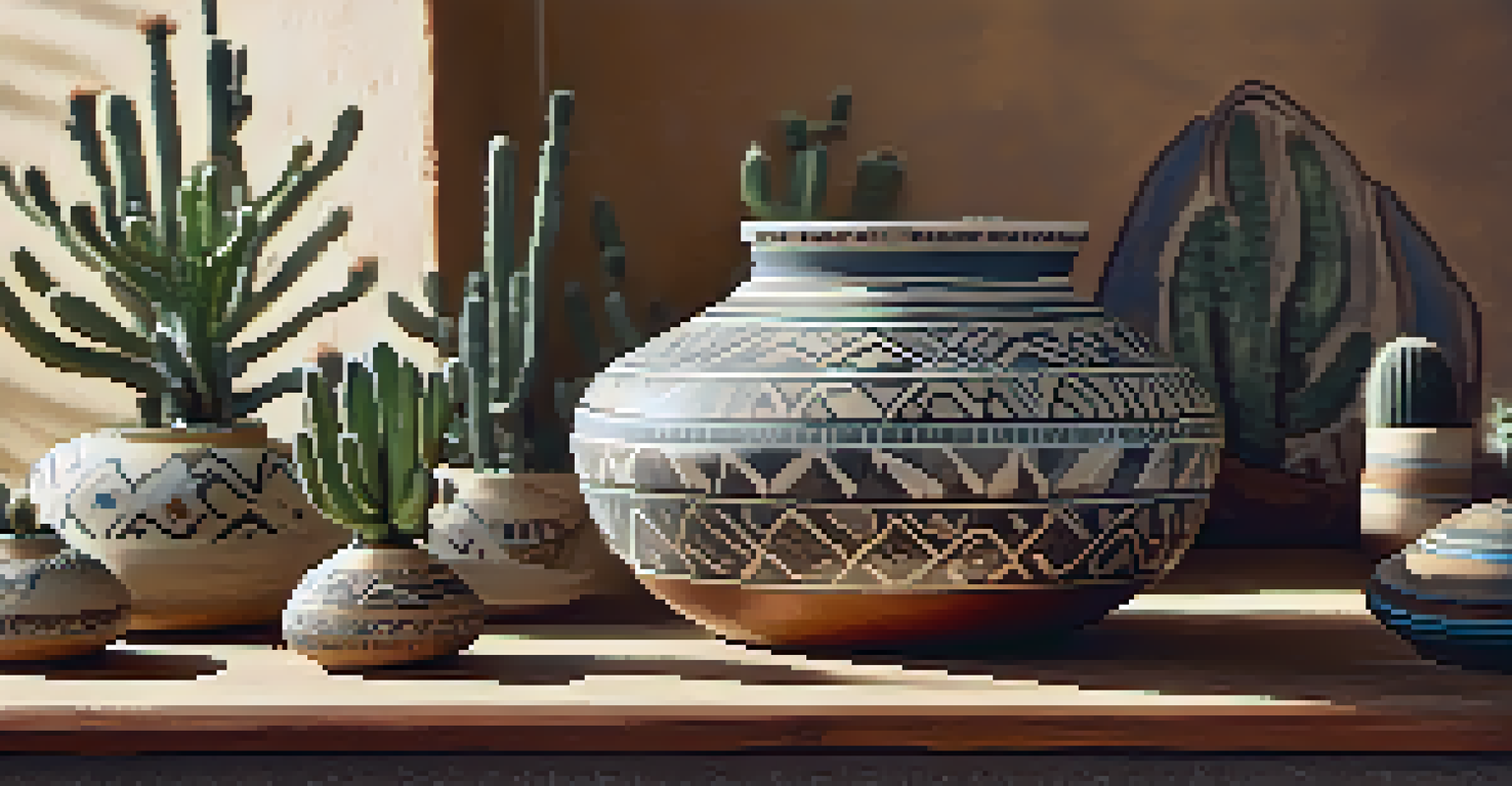 A detailed handmade pottery piece with desert motifs on a wooden table, surrounded by cacti and natural light.