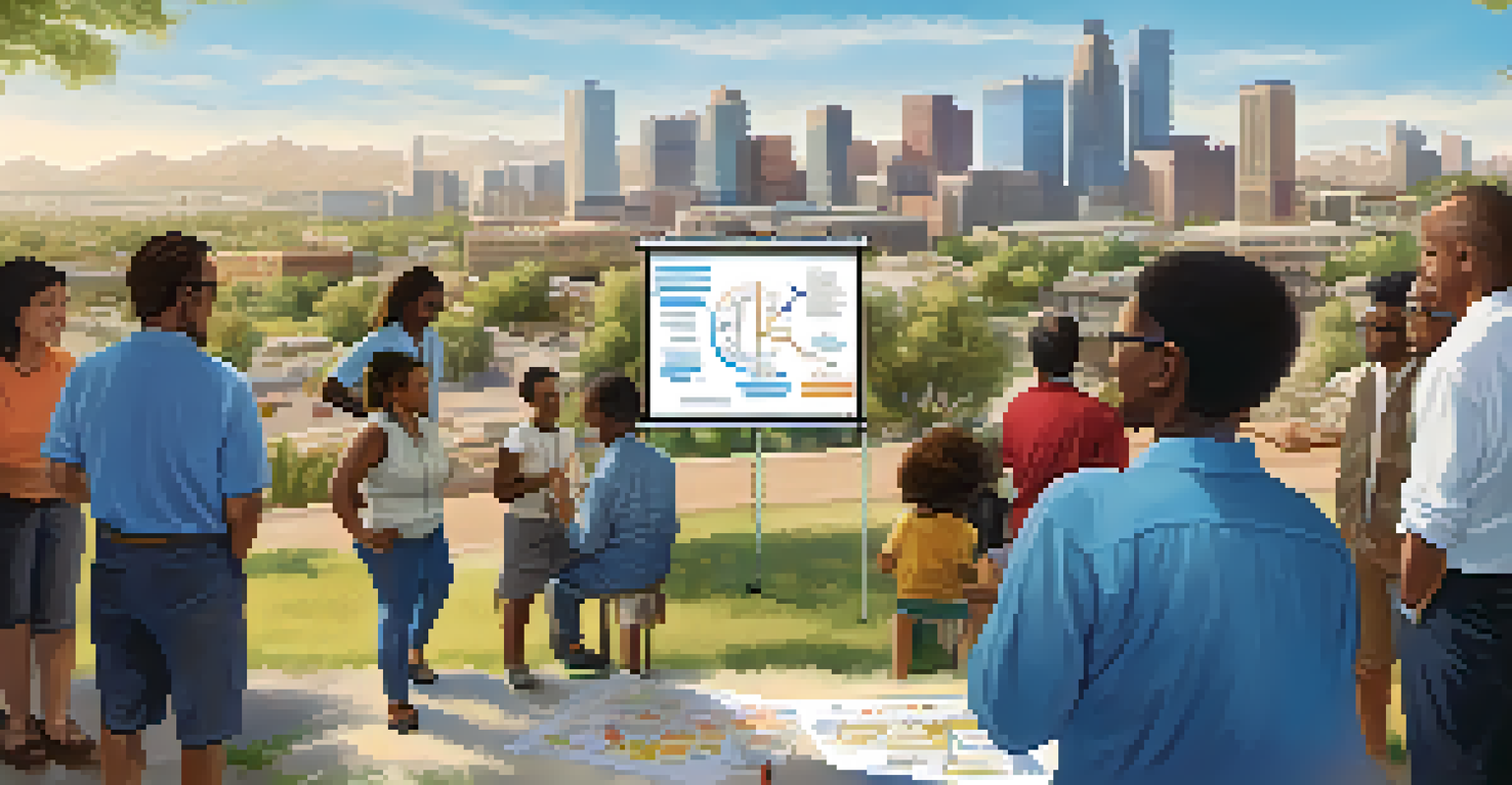 A local government representative discussing health initiatives with engaged residents in an outdoor classroom setting with a cityscape in the background.