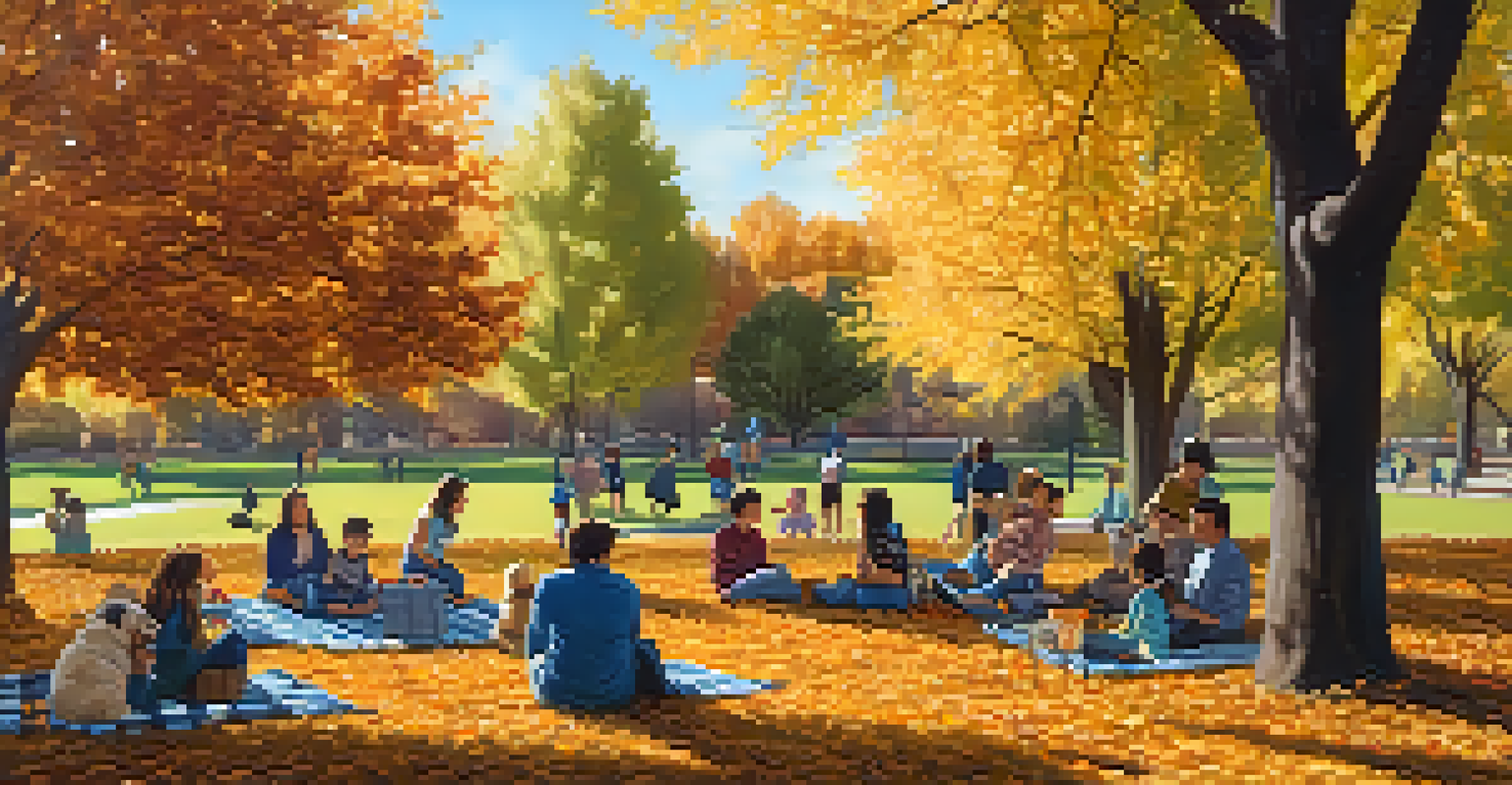 An outdoor picnic scene in a Phoenix park during autumn with families enjoying the mild weather.