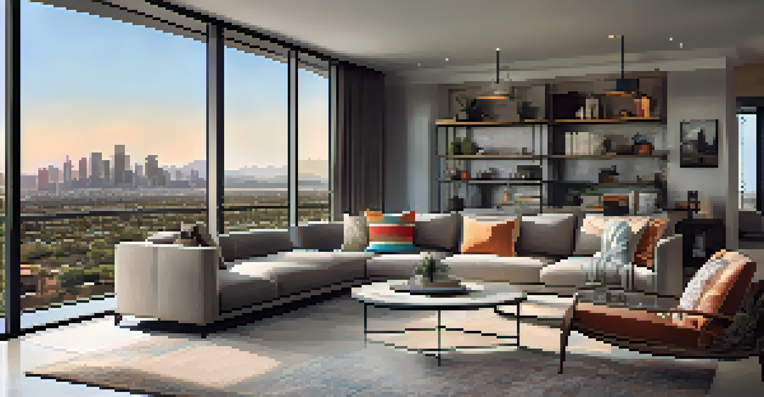 A stylish interior of a modern condo in Phoenix with a view of the skyline.