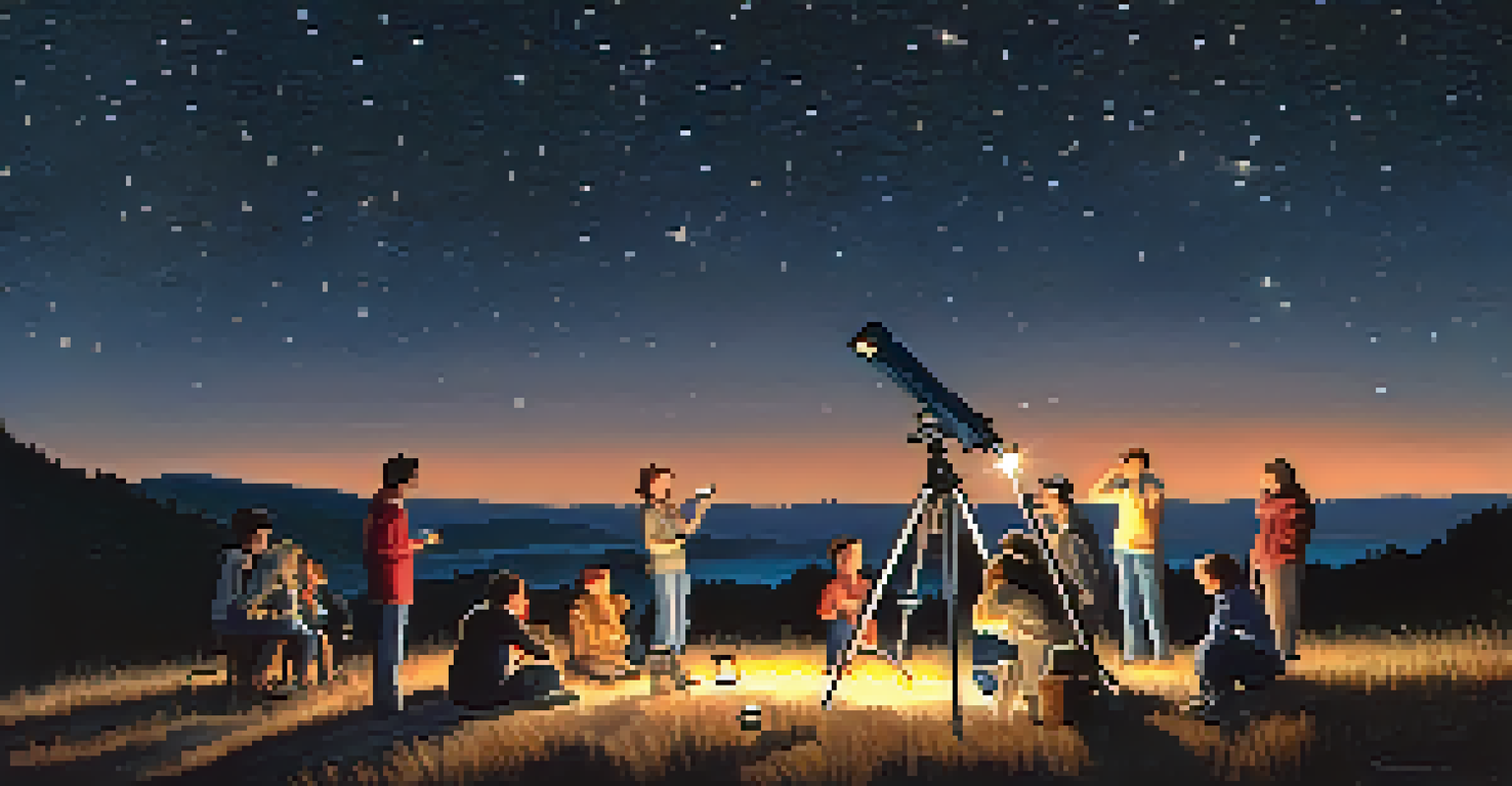An astronomer setting up a telescope at a stargazing event with a starry sky in the background.