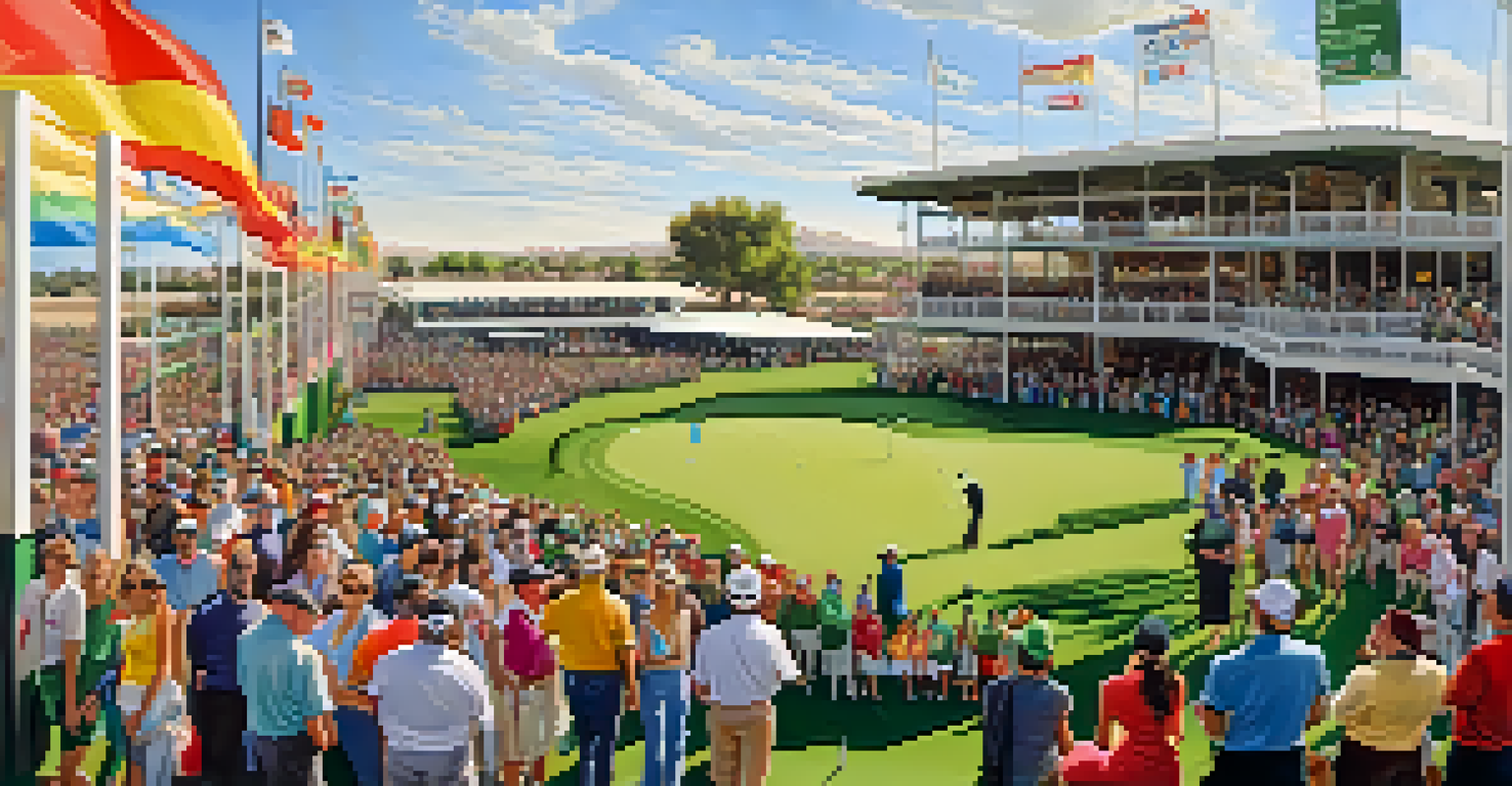 A scene at the Phoenix Open showcasing a crowd enjoying a music performance alongside a golf tournament, with colorful decorations and banners.