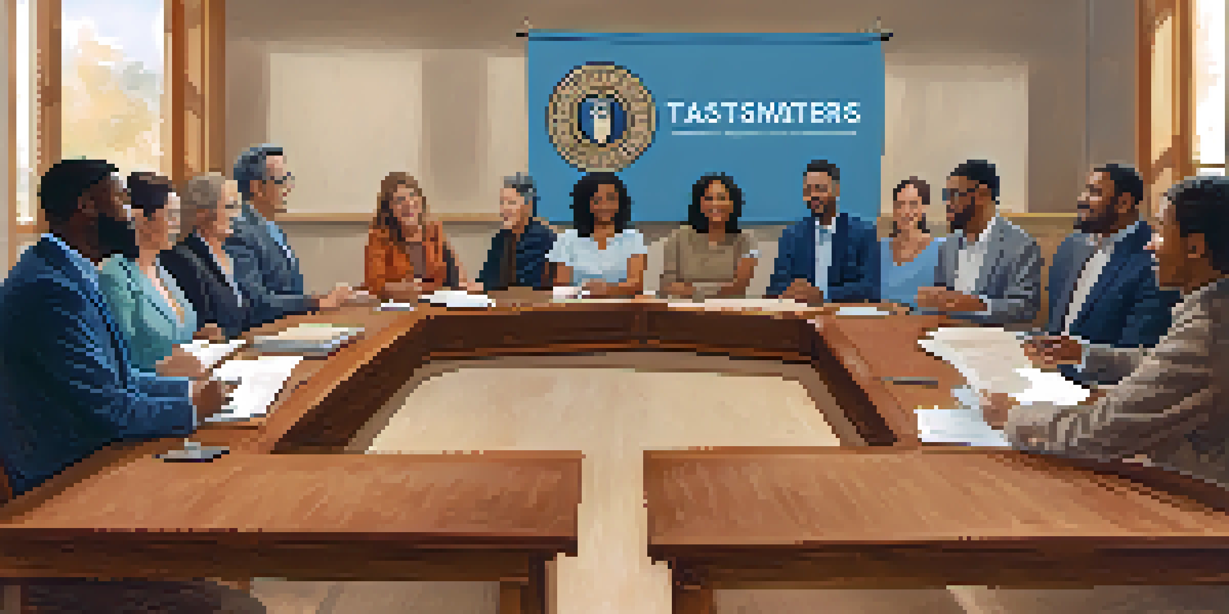 A diverse group of people actively participating in a Toastmasters meeting, with a warm and inviting atmosphere.