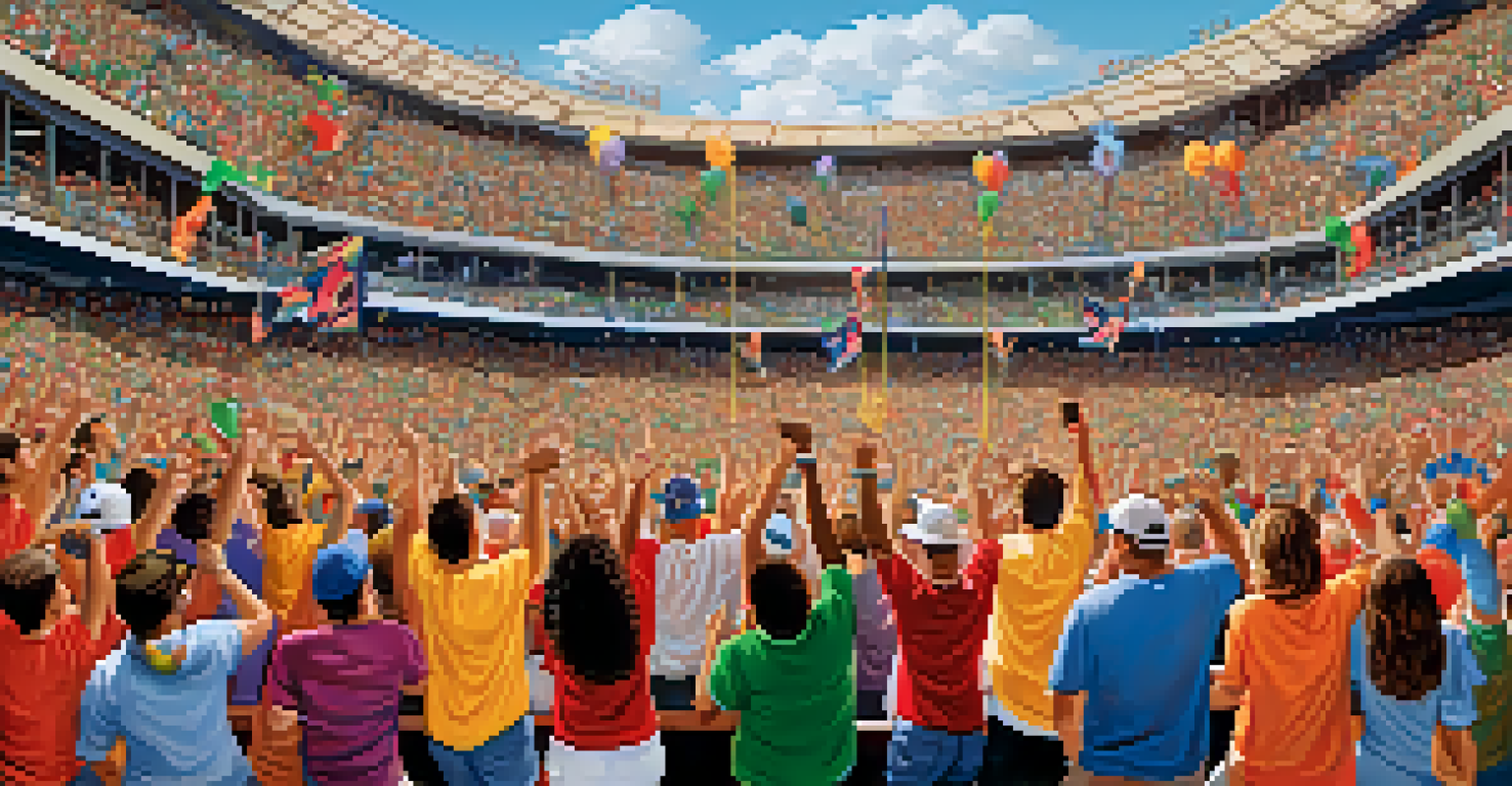 A diverse group of sports fans in the stands, displaying cultural attire and expressions of joy during a close game, with a scoreboard in the background.