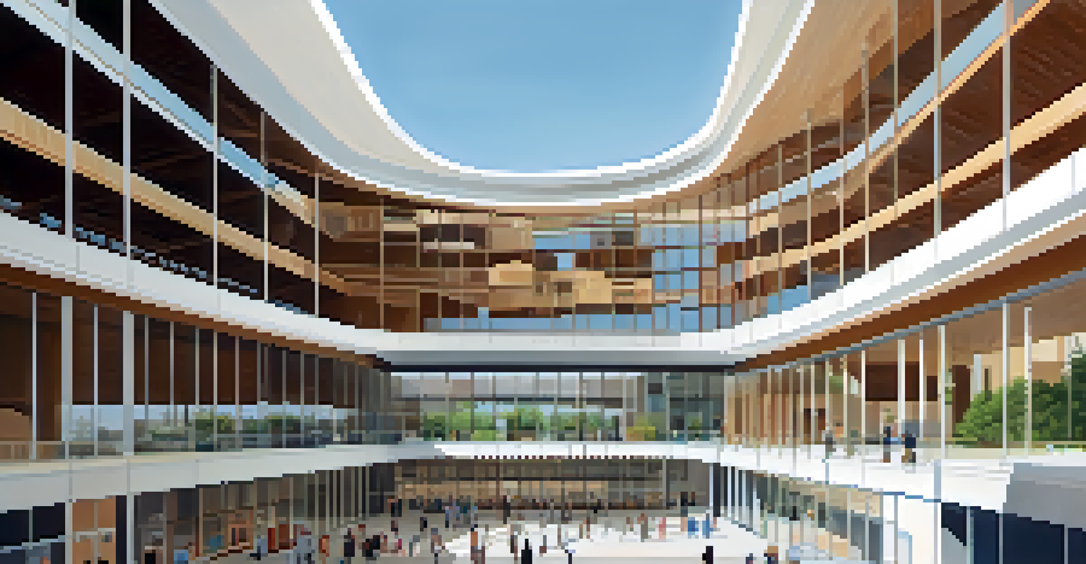 The Burton Barr Central Library in Phoenix, characterized by its spacious atrium and unique architectural design, with visitors inside.