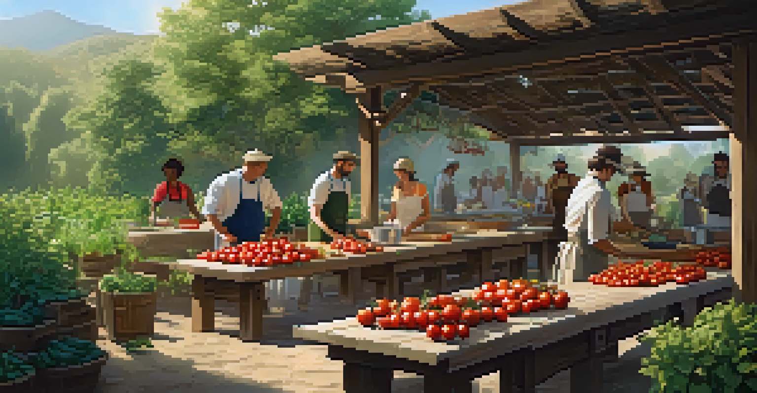 An outdoor cooking workshop with participants picking fresh vegetables from a garden in a rustic setting, surrounded by greenery.