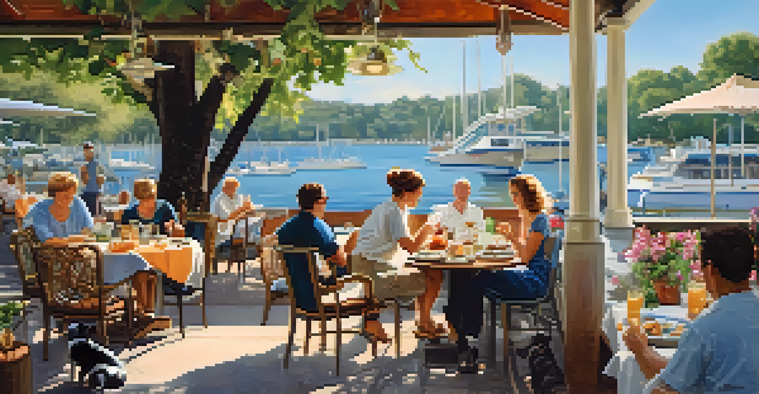 A woman dining at a restaurant with her small dog beside her, enjoying brunch in a lively outdoor setting.