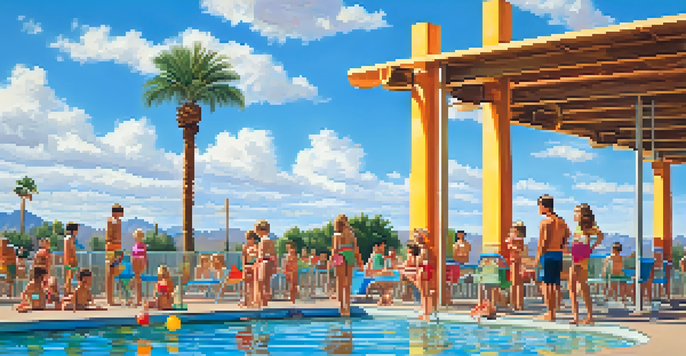 A sunny public swimming pool in Phoenix with families enjoying the water, children splashing, and a lifeguard on duty.