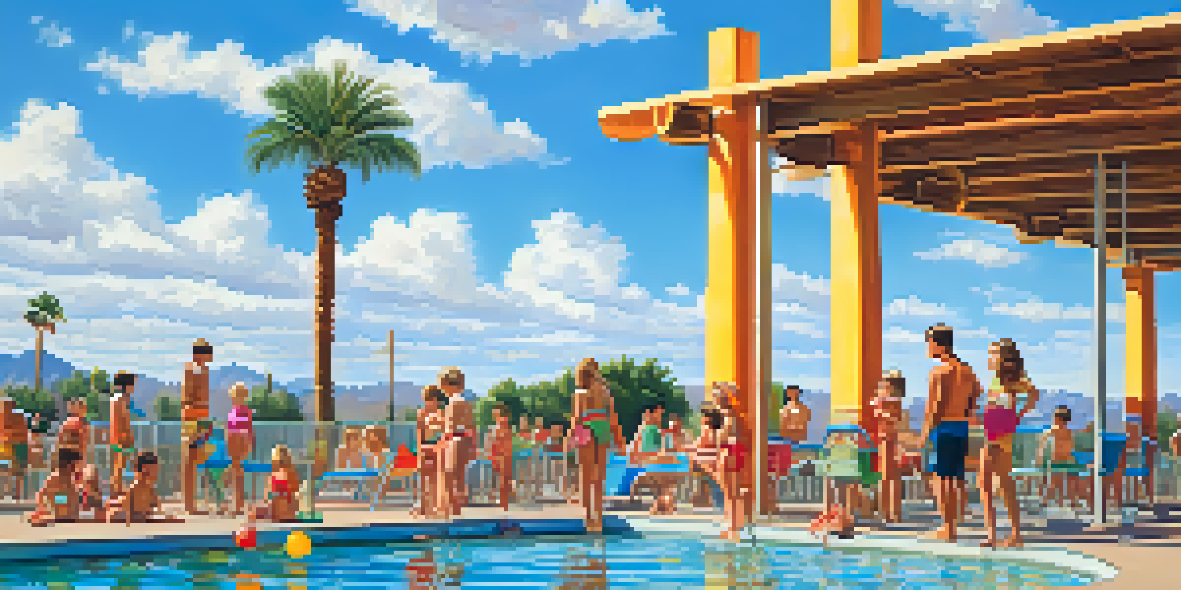 A sunny public swimming pool in Phoenix with families enjoying the water, children splashing, and a lifeguard on duty.