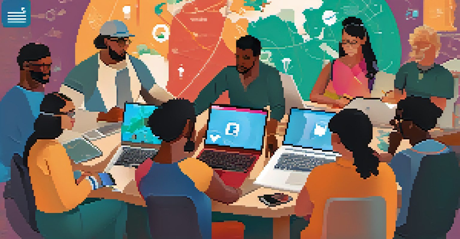 A group of adults participating in a virtual cultural exchange, surrounded by technology symbols and cultural items.