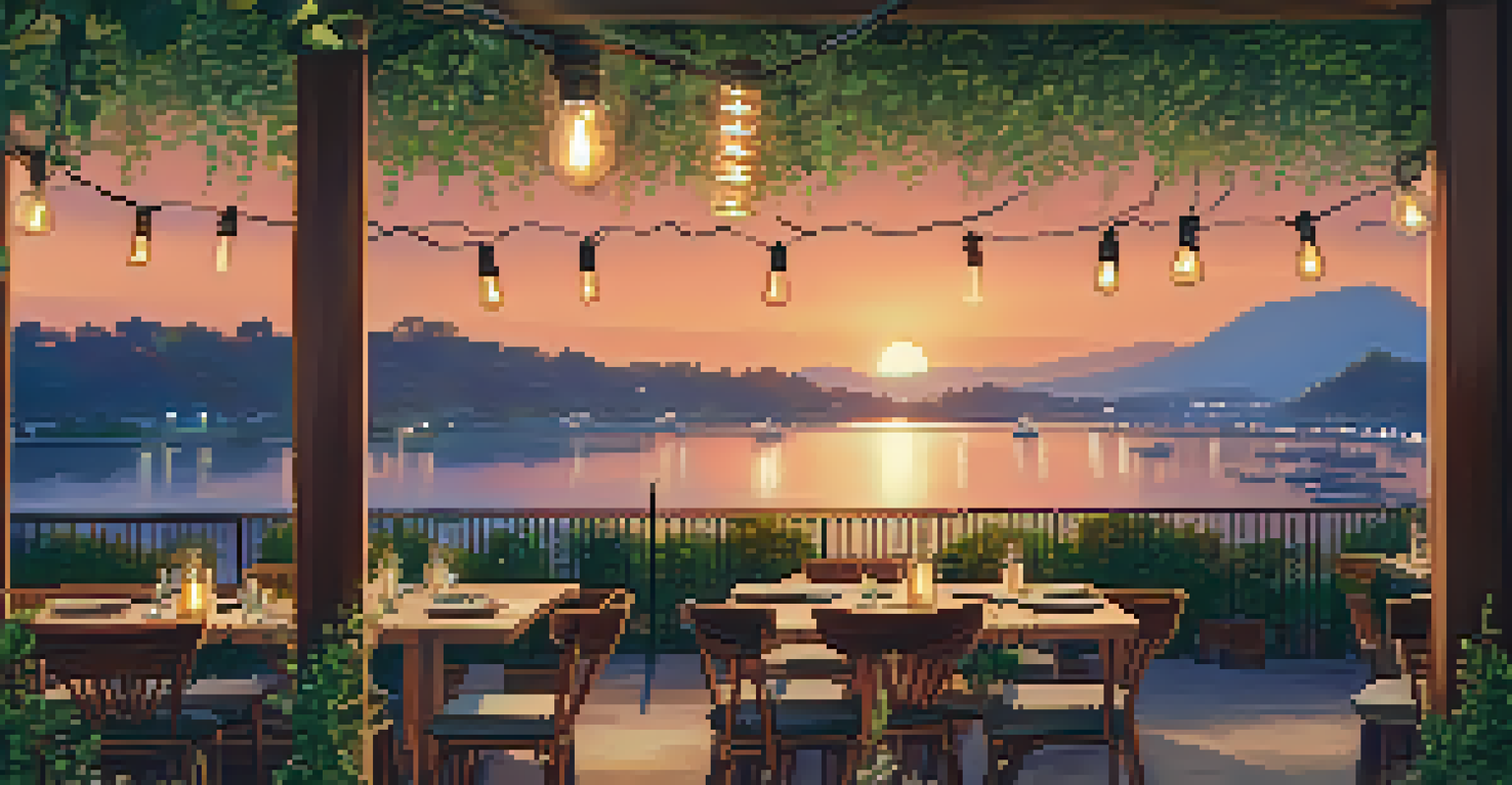 An outdoor dining area at a sustainable restaurant with wooden furniture, string lights, and diners enjoying their meals in a green setting.