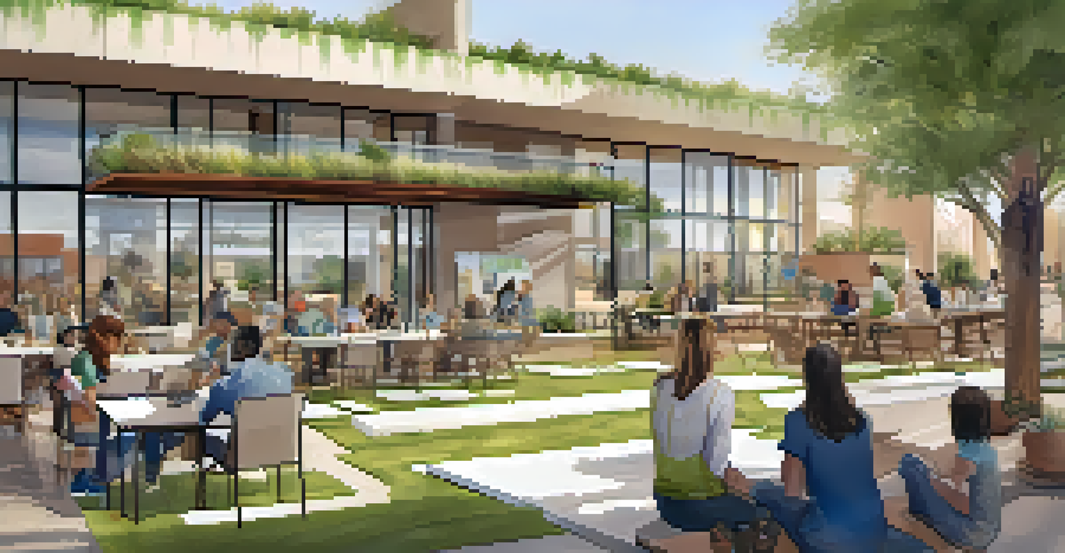 A community workshop where residents discuss sustainable architecture in a bright, open space.