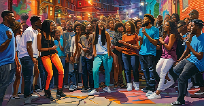 A lively urban poetry slam with diverse poets performing on stage, colorful lights, and an engaged audience.