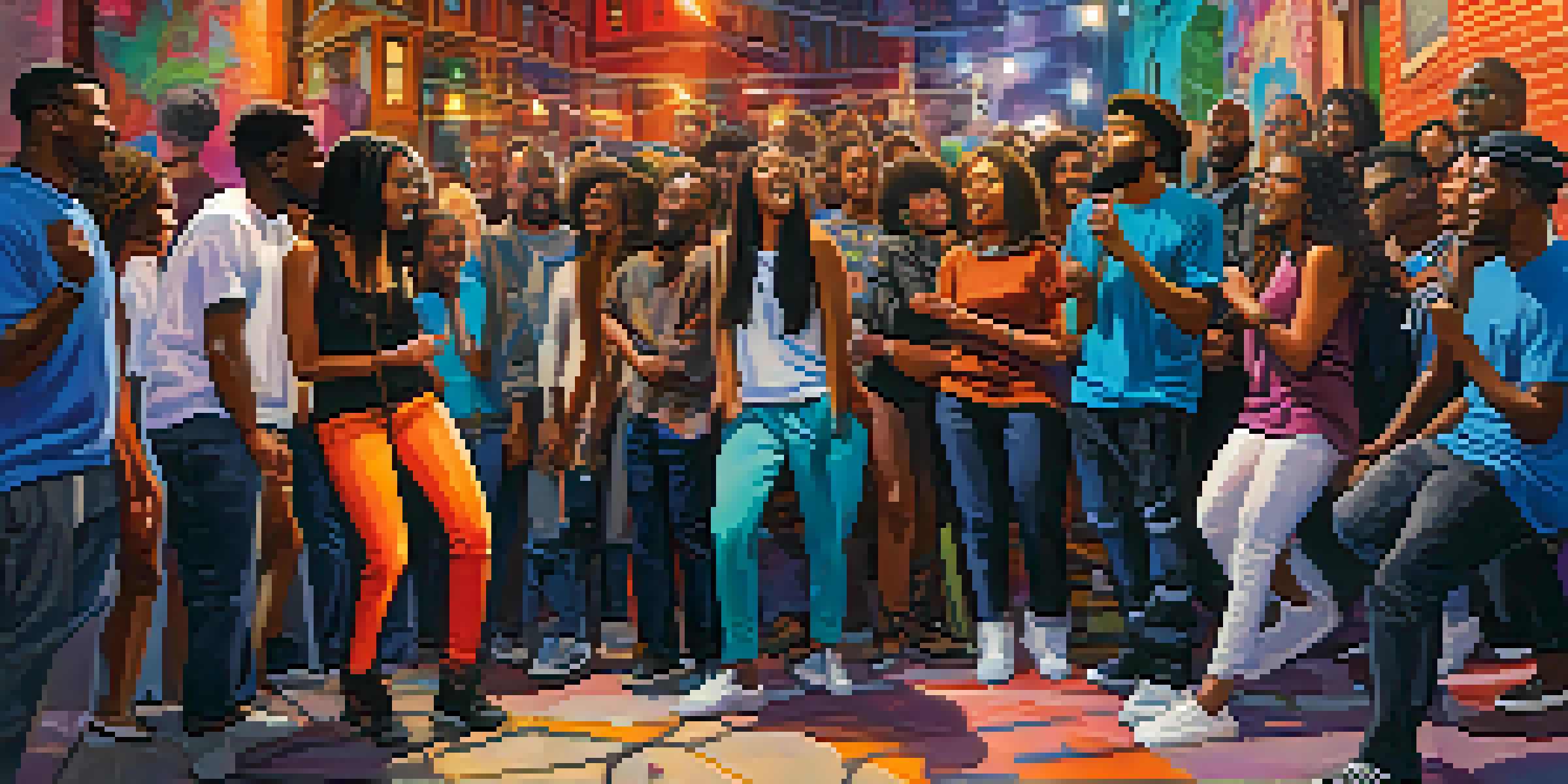 A lively urban poetry slam with diverse poets performing on stage, colorful lights, and an engaged audience.