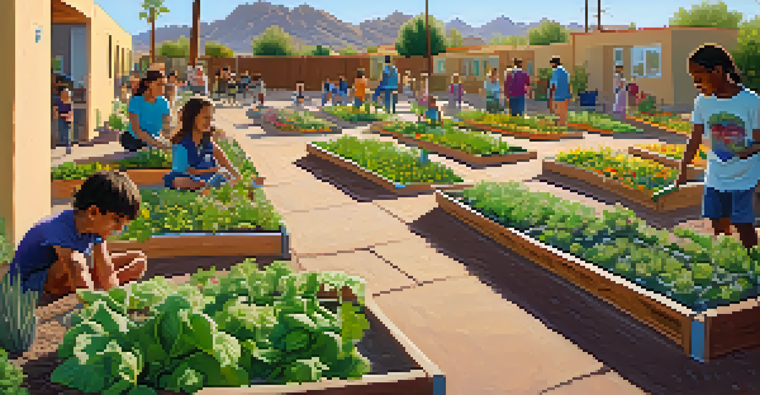 A vibrant community garden in South Phoenix with families gardening and children playing, surrounded by flowers.