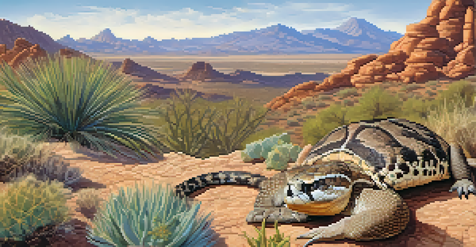 An illustration showcasing local wildlife in Phoenix, including a rattlesnake, mountain lion, and desert tortoise among desert plants.
