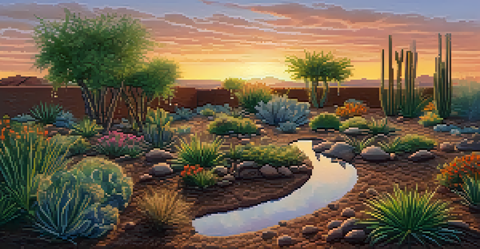 A drip irrigation system watering plants in a desert garden at sunset, highlighting water conservation techniques.