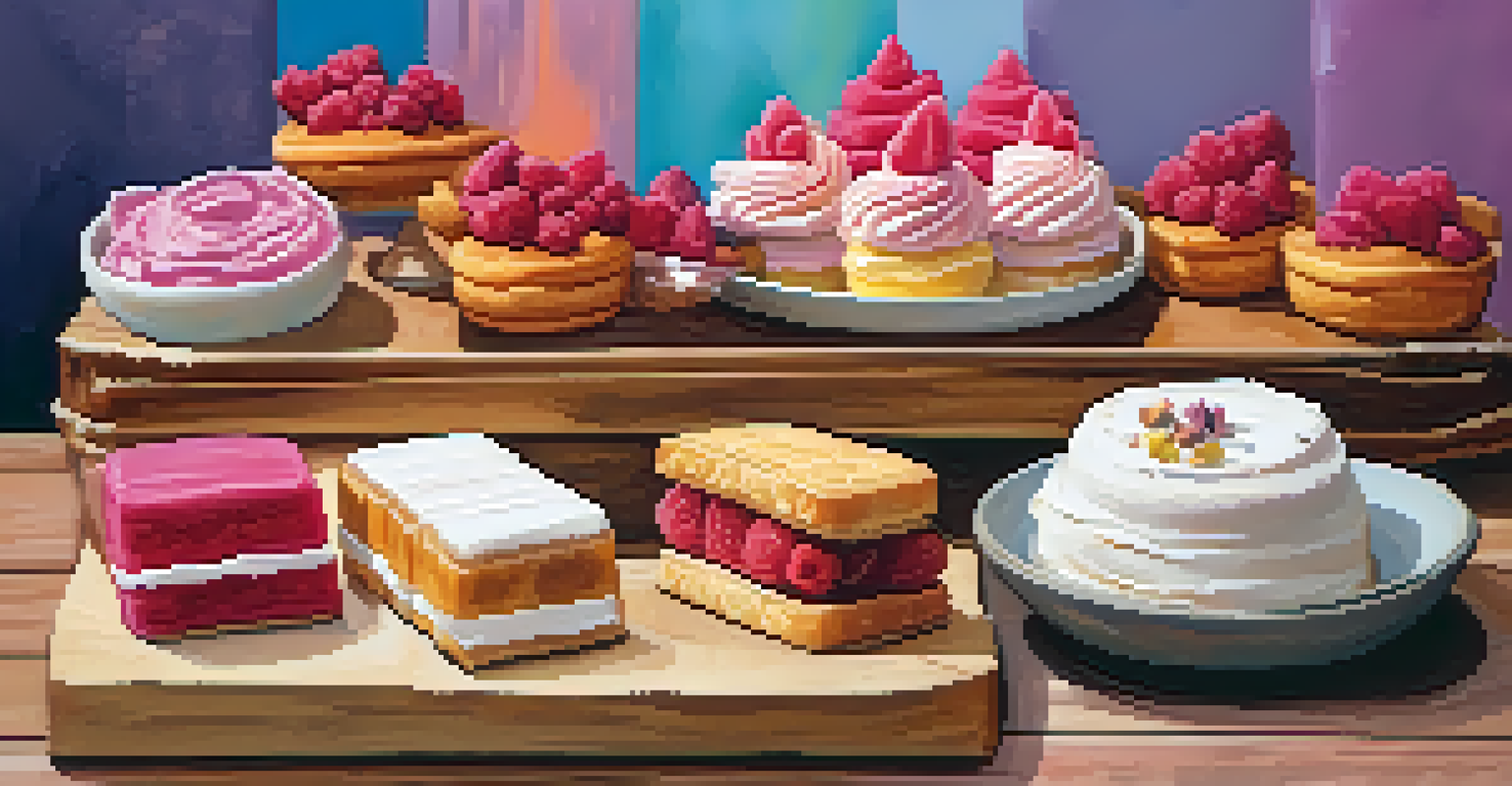 A colorful assortment of desserts including prickly pear sorbet and churro ice cream sandwiches displayed in a cozy bakery.