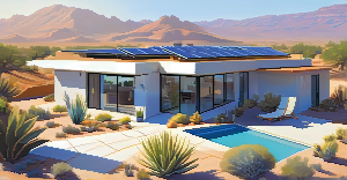 A modern house in Phoenix with solar panels, large windows, and a patio area surrounded by desert plants.
