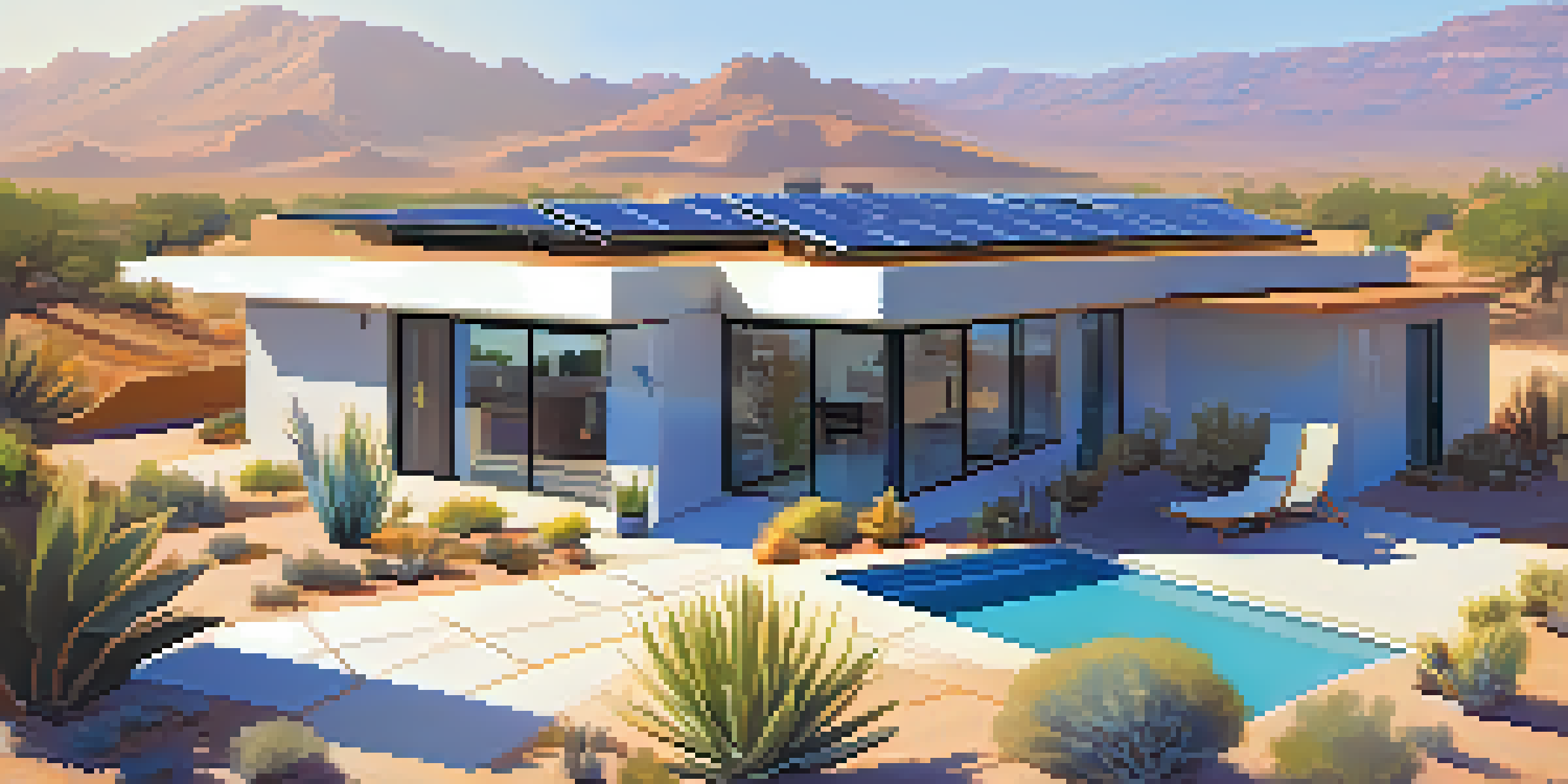 A modern house in Phoenix with solar panels, large windows, and a patio area surrounded by desert plants.