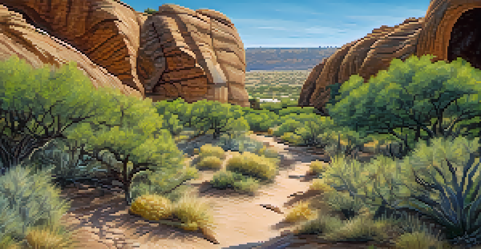 Families hiking at Hole in the Rock with the unique rock formation and desert plants around them.