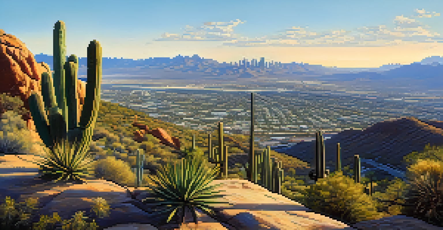 A panoramic view from Dobbins Lookout over Phoenix, showcasing the city and desert landscape under a clear blue sky.