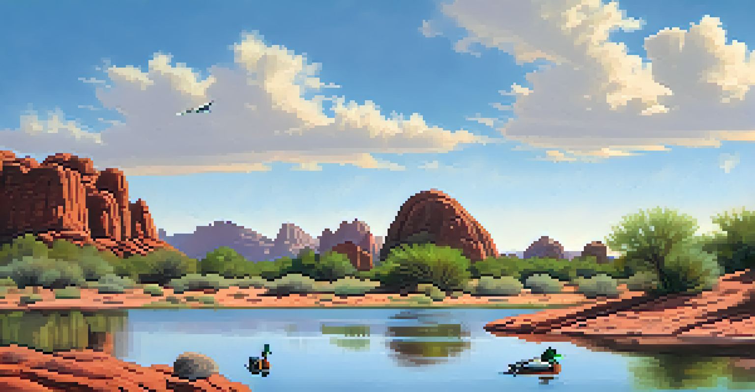 A picturesque view of Papago Park with red rock formations, a tranquil lake, and ducks swimming, under a clear sky.