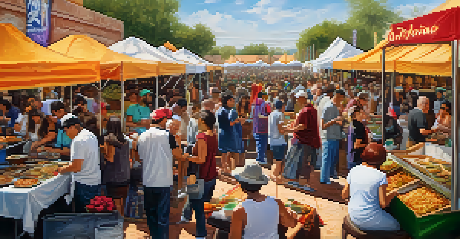 A vibrant food festival with stalls offering various cuisines, attendees sampling dishes, and live musicians in the background.