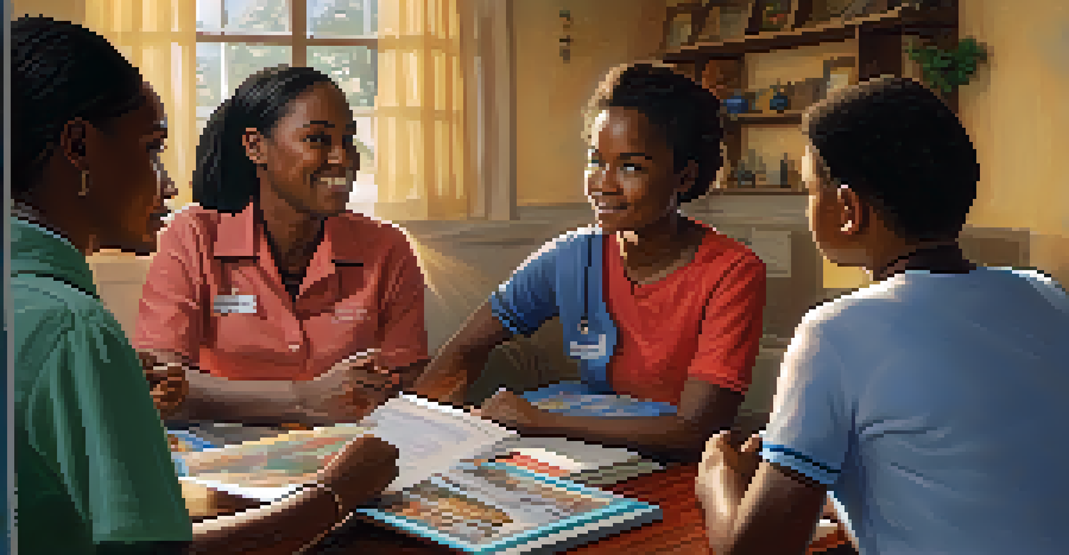 A community health worker in a warmly lit home, explaining health resources to an engaged family, with pamphlets about health education on the table.
