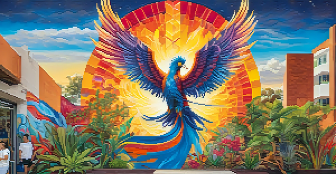 A colorful mural of a phoenix rising, with students painting and collaborating in a sunny urban setting.