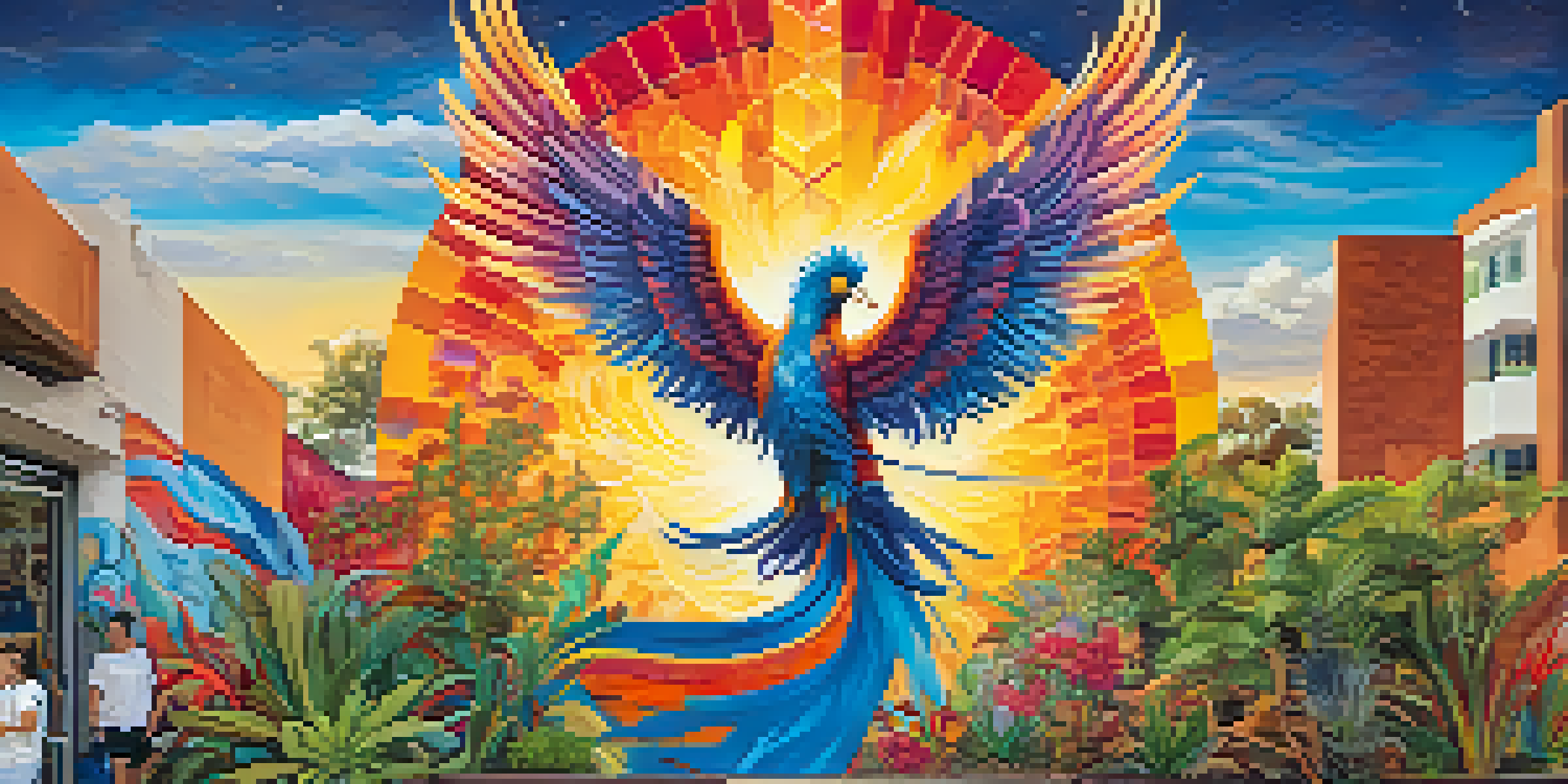 A colorful mural of a phoenix rising, with students painting and collaborating in a sunny urban setting.