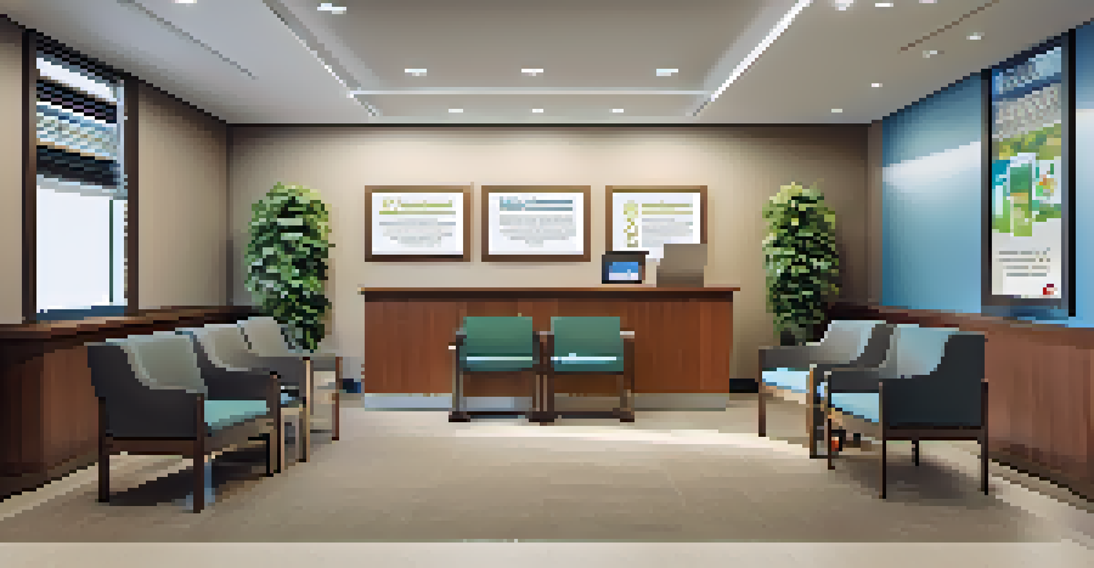 A cozy healthcare office waiting area with comfortable seating, calming art, and a smiling receptionist.