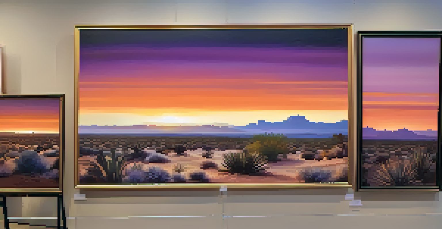 A close-up of a framed photograph of the Arizona desert at sunset, with vibrant colors and blurred silhouettes of viewers in the background.