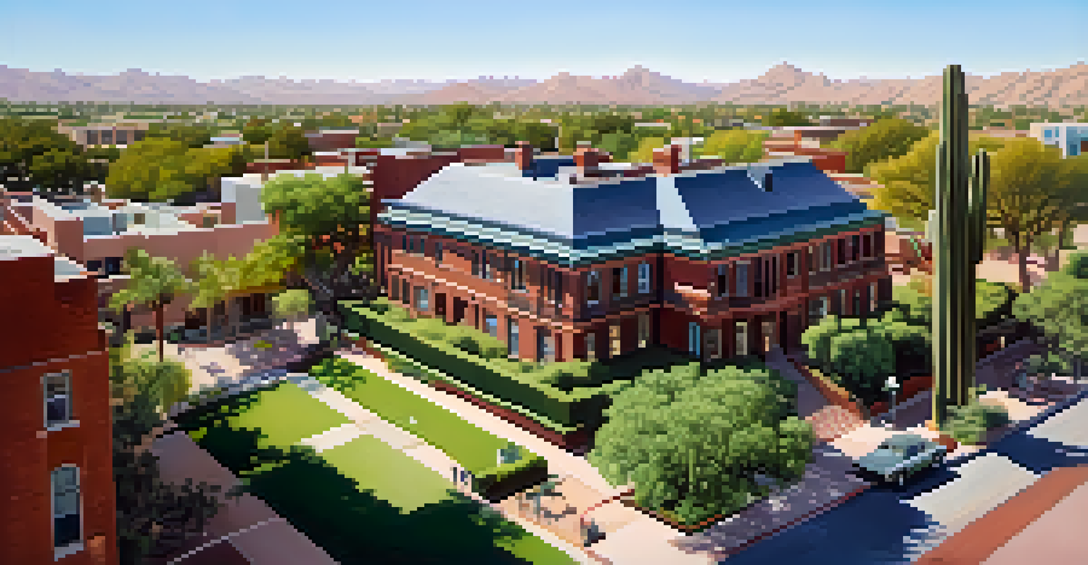 Aerial view of Heritage Square in Phoenix with the Rosson House and surrounding greenery, showcasing the blend of historic and modern architecture.
