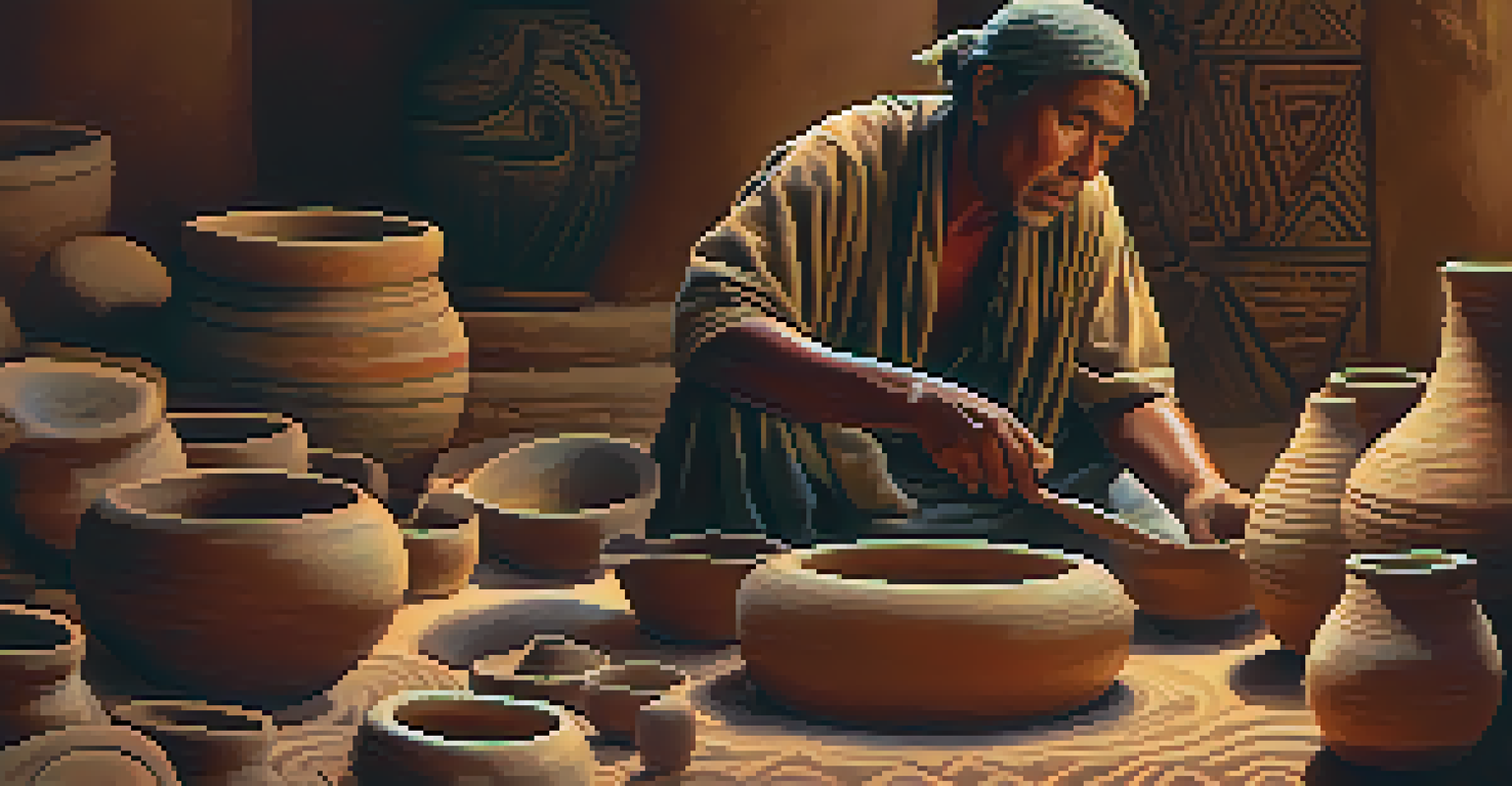 An artisan crafting intricate pottery, showcasing skilled hands and colorful finished pieces in a warm-lit environment.