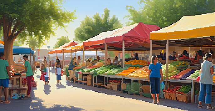 A lively community market in Phoenix with colorful stalls, families interacting, and children playing under warm sunlight.