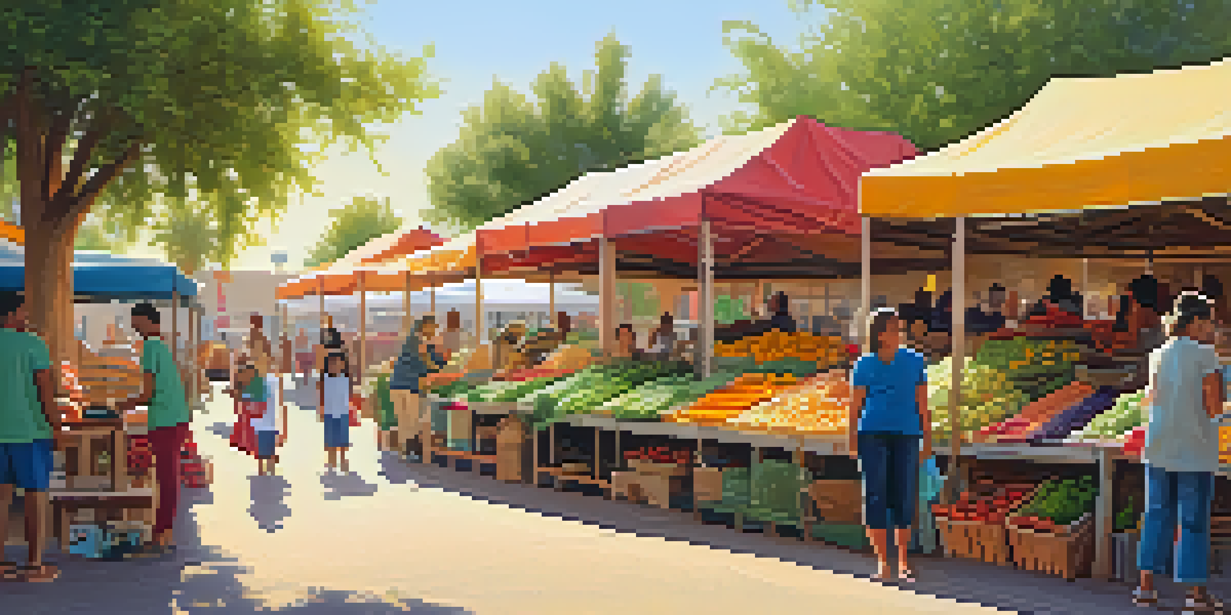 A lively community market in Phoenix with colorful stalls, families interacting, and children playing under warm sunlight.