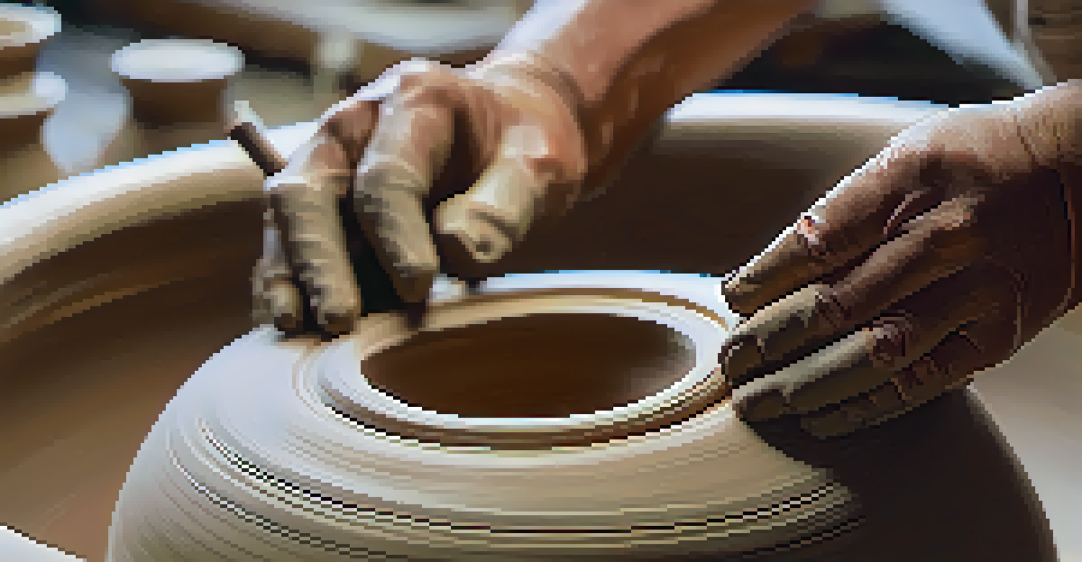 An artisan shaping clay on a pottery wheel, surrounded by pottery tools and glazes, with soft lighting emphasizing the details.