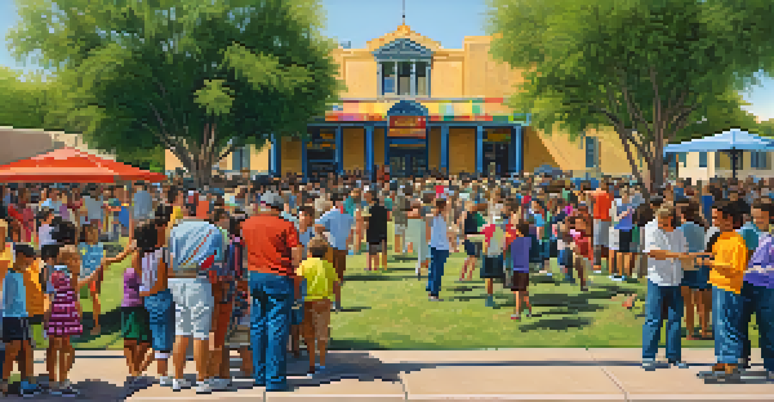A bustling community gathering in front of a historical building, with people of all ages enjoying the event.