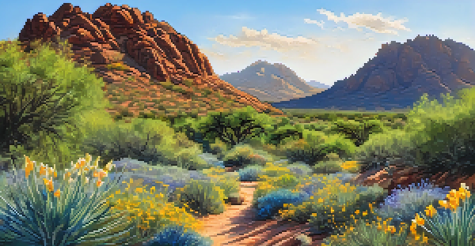 A scenic view of Camelback Mountain with colorful wildflowers in spring, under a clear blue sky.