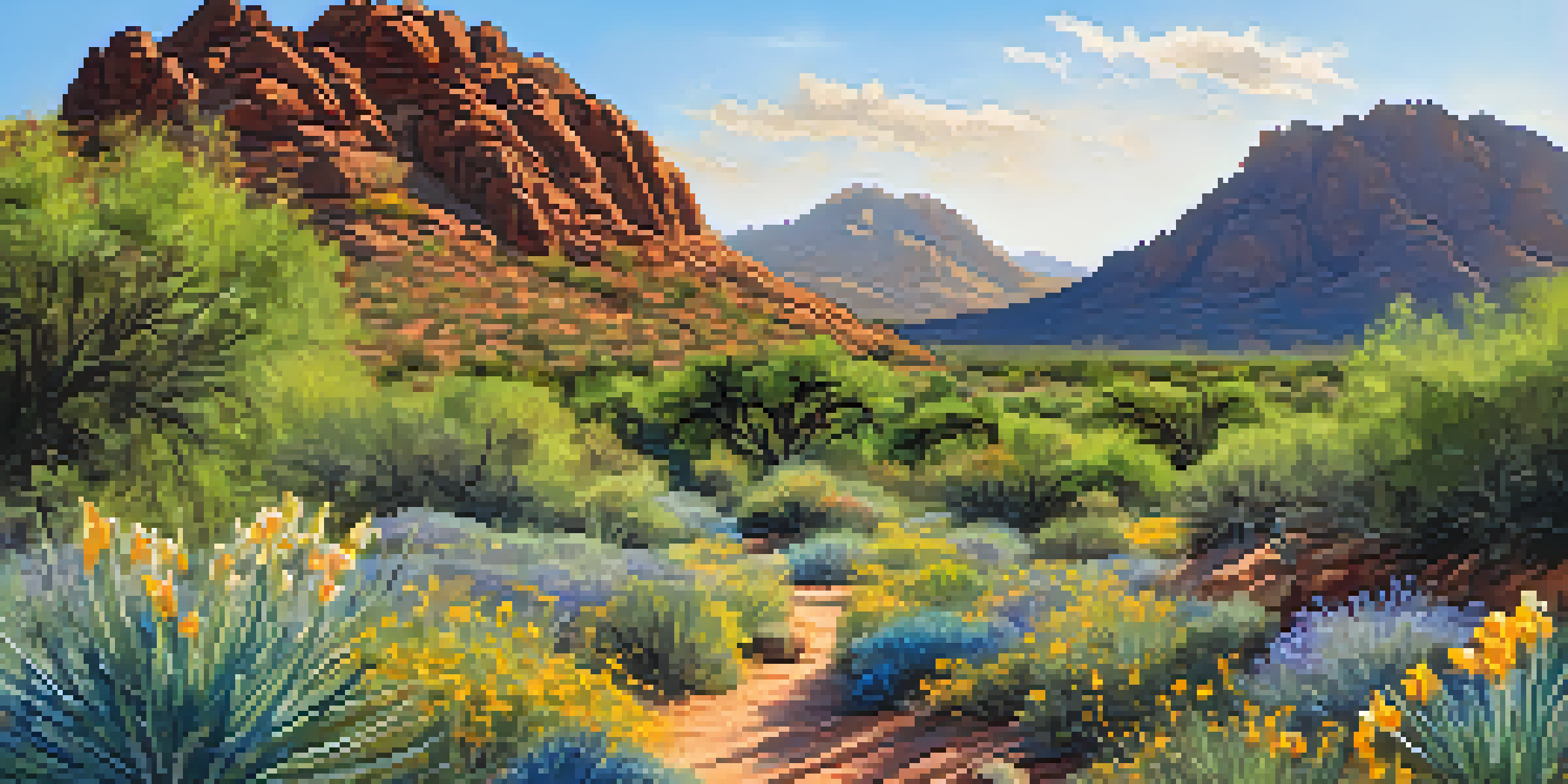 A scenic view of Camelback Mountain with colorful wildflowers in spring, under a clear blue sky.